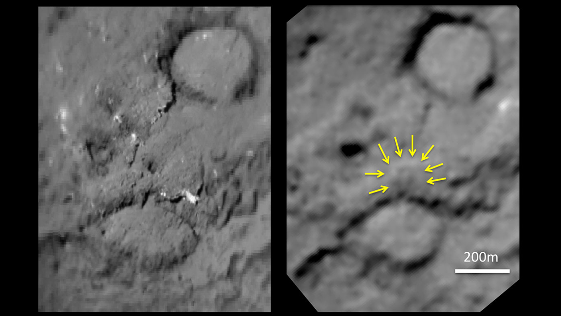 Side by side of Comet Tempel 1 before and after a Deep Impact probe slammed into it. Side by side of Comet Tempel 1 before and after a Deep Impact probe slammed into it.